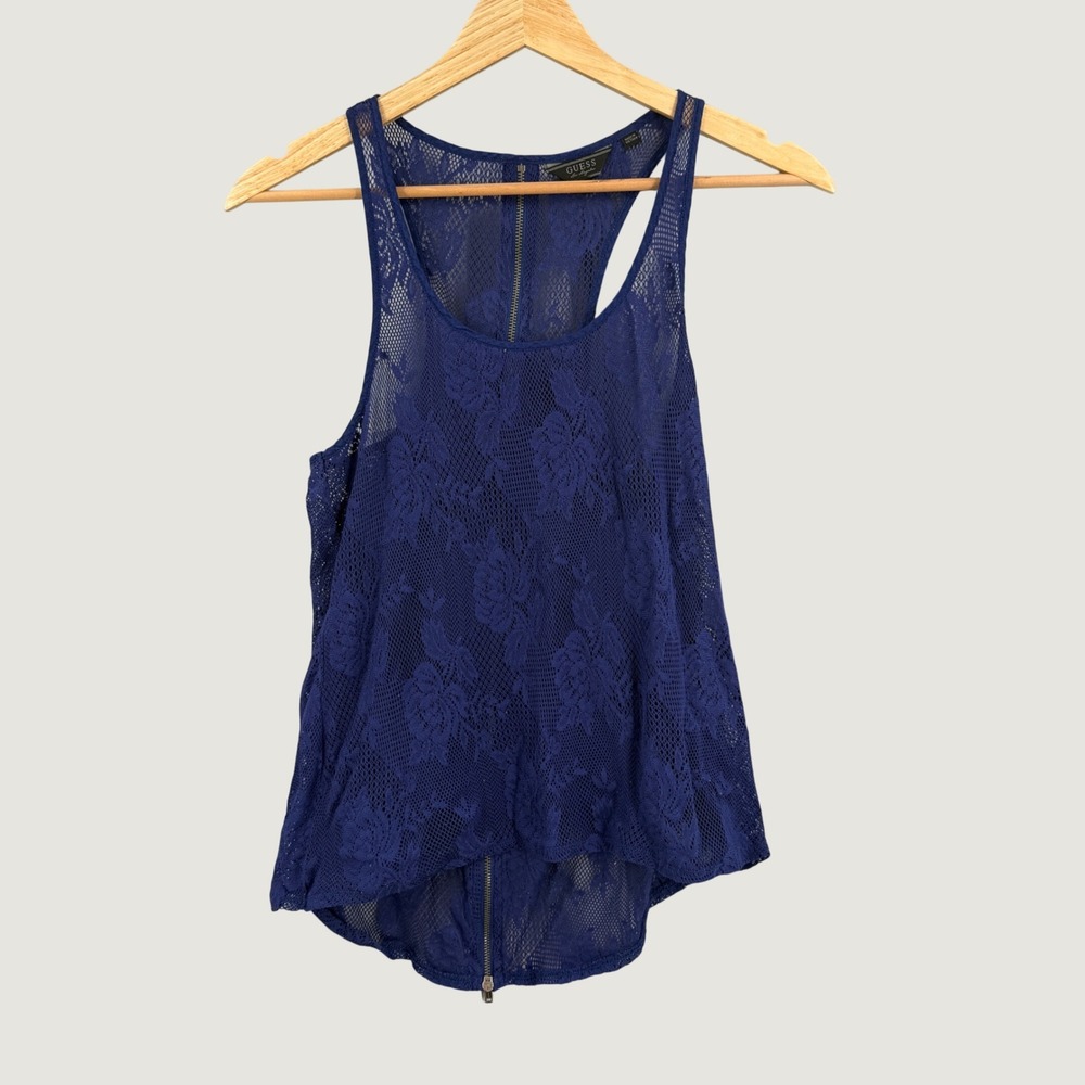 Guess Tank Top Size XS Blue Lace Full Back Zip Racerback Sheer Mesh